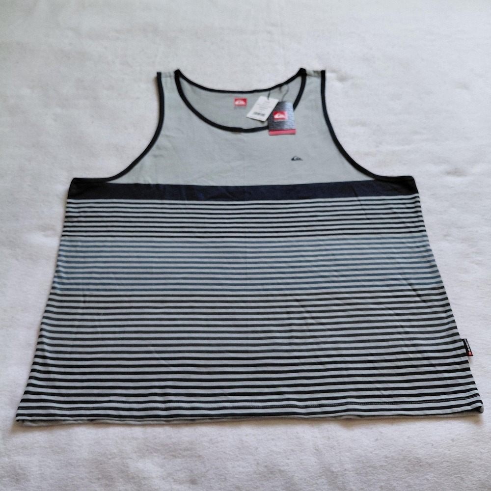 Quiksilver Tank Top Mens 2XL Gray Navy Stripe Sleeveless Beach Workout NWT